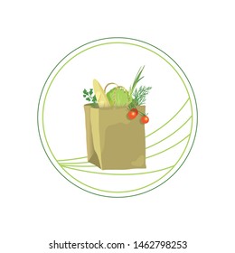 Vegetables in craft package. Vegetables and green in an environmentally friendly package. Products in craft package. Useful purchases. Baguette, green onions and tomatoes.