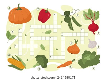 Vegetables crossword concept. Natural and organic products. Puzzle or riddle for kids. Educational game for children. Cartoon flat vector illustration isolated on white background