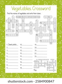 Vegetables crossword puzzle, word search activity hand drawn vector illustration printable worksheet for kids, educational or leisure game, topical English vocabulary on nutrition and food ingredients