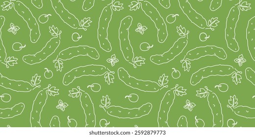 Vegetables, cucumber. Line drawing. Seamless pattern. World vegan day. Food, natural, vegetarian. Farmers market and diet concept. Harvest. Vector repeating background.