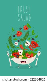 Vegetables, cucumber, mozzarella, chili pepper, bell pepper, funny fresh salad. Vector illustration. Use in the menu, in the shop, in the bar, the card or stickers. 