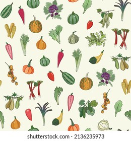 vegetables cucumber, tomato, pumpkin, carrot vector seamless pattern