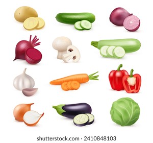 Vegetables cut for cooking, isolated realistic ingredients for dish preparation. Vector beetroot and potato, cucumber and onion, mushroom and zucchini, garlic clove and aubergine, paprika