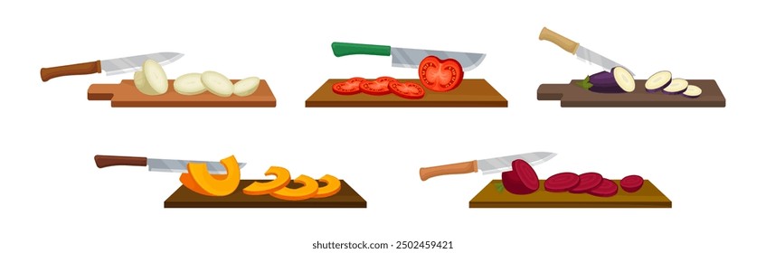 Vegetables Cut with Knife with Metal Blade Process Vector Set