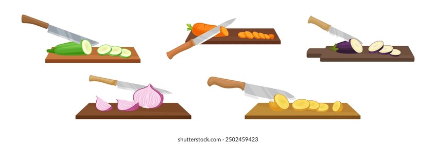 Vegetables Cut with Knife with Metal Blade Process Vector Set