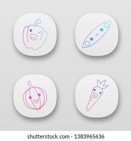 Vegetables cute kawaii app characters set. Winking paprika. Pea, onion, carrot with smiling faces. Funny emoji, emoticon, smile. Vector isolated illustration