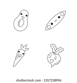 Vegetables cute kawaii linear characters. Happy avocado and peas. Laughing carrot and beetroot. Thin line icon set. Vector isolated outline illustration. Editable stroke