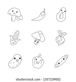 Vegetables cute kawaii linear characters. Happy avocado and peas. Smiling potato and beetroot. Thin line icon set. Vector isolated outline illustration. Editable stroke
