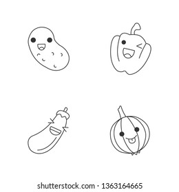 Vegetables cute kawaii linear characters. Happy potato and onion. Laughing pepper and eggplant. Thin line icon set. Vector isolated outline illustration. Editable stroke