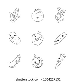 Vegetables cute kawaii linear characters. Happy tomato and peas. Smiling potato and onion. Thin line icon set. Vector isolated outline illustration. Editable stroke