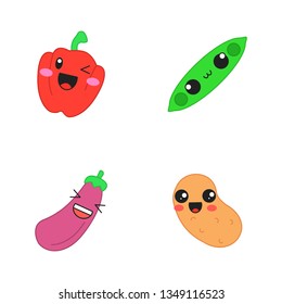 Vegetables cute kawaii vector characters. Pepper with smiling face. Happy eggplant and potato. Serious peas. Laughing food. Funny emoji, emoticon, smile. Isolated cartoon color illustration