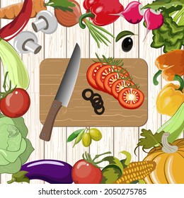 Vegetables and cutting board on a wooden background.Vegetables and knife on a cutting board in color vector illustration on a wooden background.