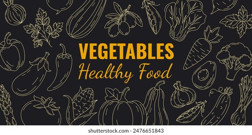 Vegetables dark background, vector line veggies icons. Fresh and healthy farm products, organic, natural food. Horizontal banner, isolated background, space for text. For poster, menu, flyer, brochure