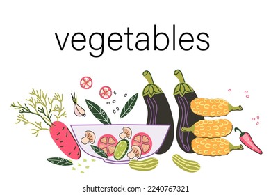 Vegetables decorative banner or design element for healthy eating, diet concept or vegetable shop, hand drawn vector illustration isolated on white background.