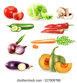 Vegetables decorative icons collection with cucumbers eggplant onions mushrooms carrot cabbage tomato images in realistic style isolated vector illustration