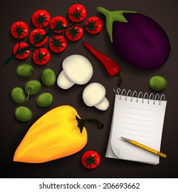 Vegetables for a delicious vegetarian dish and a notebook for recipes. Place for your text. Vector illustration.