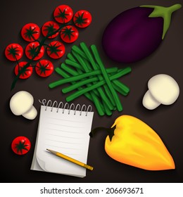 Vegetables for a delicious vegetarian dish and a notebook for recipes. Place for your text. Vector illustration.