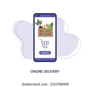 Servicio de entrega de verduras. Aplicación móvil para encargar vegetales frescos. Dibujo vectorial plano de dibujos animados
