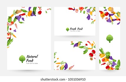 Vegetables. Design collection for menu, organic and natural food stores, packaging and advertising. Banners and background with corner decorative elements