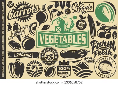 Vegetables design elements and symbols, Farming related graphics, logos and icons. Bulk collection of vector vegetables, farm products, fresh food items and emblems. 