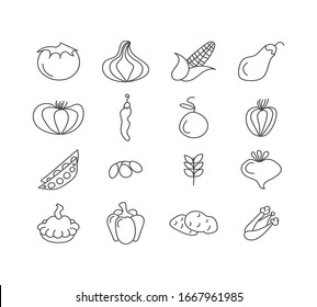 Vegetables in design hand drawn doodles. Set of vegetables in flat design. Healthy food. Salad, carrot, broccoli, potato, mushroom, agriculture. Editable seamless pattern. Vector illustration. EPS 10.