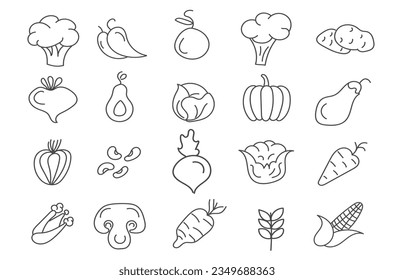 Vegetables in design hand drawn doodles. Editable seamless pattern. Set of vegetables in flat design. Healthy food. Salad, carrot, broccoli, potato, mushroom, agriculture. Vector illustration. 