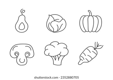 Vegetables in design hand drawn doodles. Editable seamless pattern. Set of vegetables in flat design. Healthy food. Salad, carrot, broccoli, potato, mushroom, agriculture. Vector illustration. 