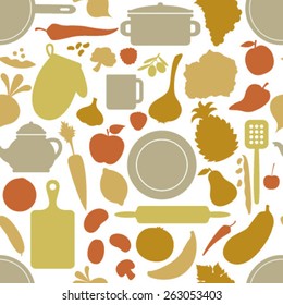 vegetables & dishes on beige seamless pattern