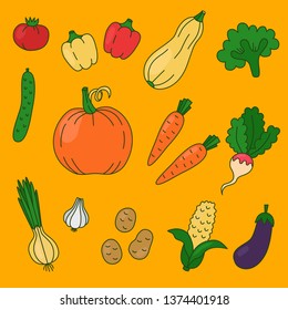 Vegetables doodle cartoon icons vector set