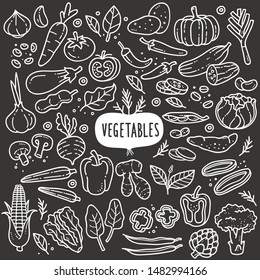 Vegetables Doodle Drawing Collection. Vegetable Such As Carrot, Corn, Ginger, Mushroom, Cucumber, Cabbage, Potato, Etc. Hand Drawn Vector Doodle Illustrations In Black And White Blackboard Chalk Style