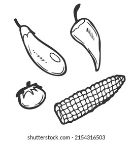 Vegetables doodle drawing collection. vegetable such as carrot, corn, ginger, mushroom, cucumber, cabbage, potato, etc. Hand drawn vector doodle illustrations in black isolated over white background.