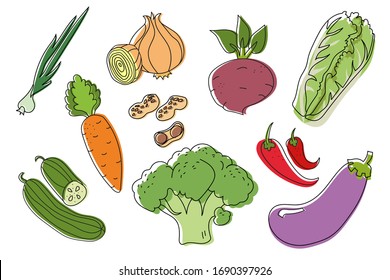 Vegetables doodle drawing set collection. vegetable such as carrot, ginger, cucumber, cabbage, etc. Hand drawn vector doodle illustrations in colorful cartoon style. EPS