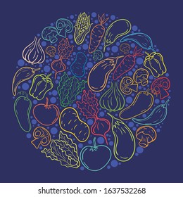 Vegetables doodle Icon , with circle of colorful doodle vegetable icon, isolated on dark blue background