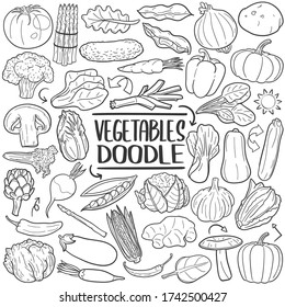 Juego de iconos de doodle de verduras. Colección de ilustraciones de vectores de nutrición vegetal. Healthy Food Hand dibujó el estilo de arte de la línea.