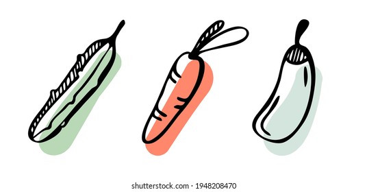 Vegetables doodle set. Cucumber, carrot, eggplant