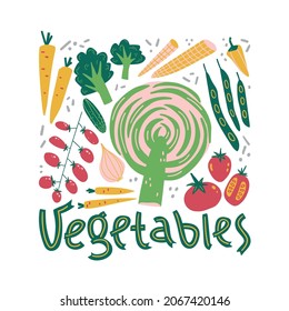 Vegetables doodle set with hand lettering. Simple autumn harvest, vegetarianism.