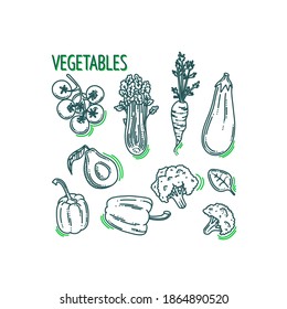 Vegetables doodle set. Vegetarian food with avocado, pepper, carrot, broccoli and other products. Vector illustration
