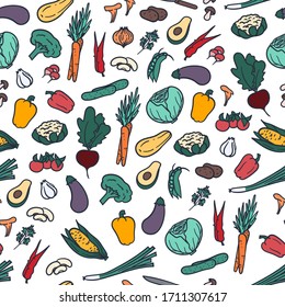 Vegetables doodle style hand drawn seamless pattern for wallpaper, wrapping paper, textile background etc.