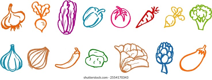 Vegetables Drawing Icons Crayon Chalk Vector Set