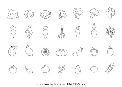 Vegetables drawing line flat icon set isolated on white background.Design for coloring art book ,print.Vector.Illustration.