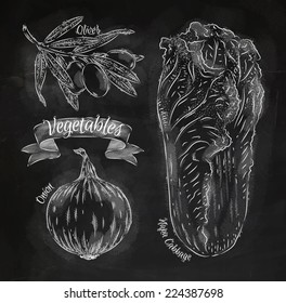 Vegetables drawn in chalk on a blackboard set, onion, napa cabbage, olives