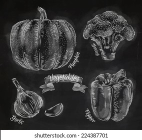 Vegetables Drawn In Chalk On A Blackboard Set,  Pepper, Pumpkin, Garlic, Broccoli