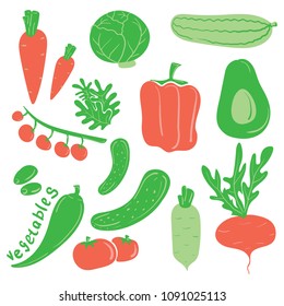 Vegetables are drawn in red and green on white background. Set of Doodle.