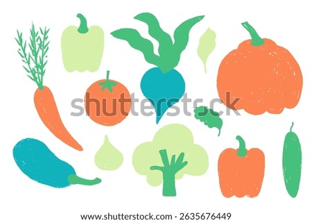 Vegetables drawn with texture brush strokes. Modern illustration with eggplant, pumpkin, tomato, paprika, onion, broccoli, pepper, cucumber, leaf, lettuce, beetroot. Food, harvest, garden. Flat vector