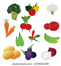 Vegetables drawn vector icons set.  Illustration of color vegetables for design farm product, market label vegetarian shop. Vector vegetables icons set in cartoon style.