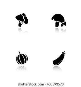 Vegetables drop shadow black icons set. Mushrooms, broccoli, garlic and eggplant. Isolated vector illustrations