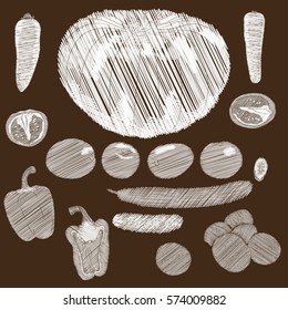 Vegetables eco vegan vector illustration set chalkboard chalk hand drawn doodle style