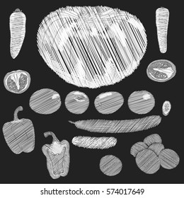 Vegetables eco vegan vector illustration set chalkboard chalk hand drawn doodle style