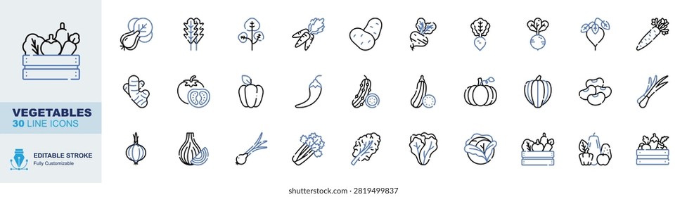 Vegetables Editable Stroke Line Icons Set. Eggplant, Spinach, Peas, Carrot and Potato Vector Illustration