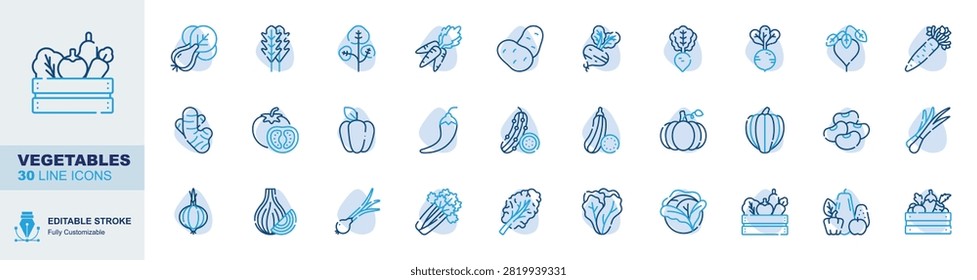 Vegetables Editable Stroke Line Icons Set. Eggplant, Spinach, Peas, Carrot Vector Illustration